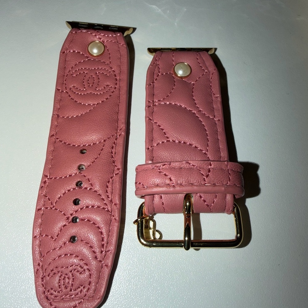 Upcycled Chanel Quilted Pink Leather Watch Strap with Gold Buckle made by DITMCO